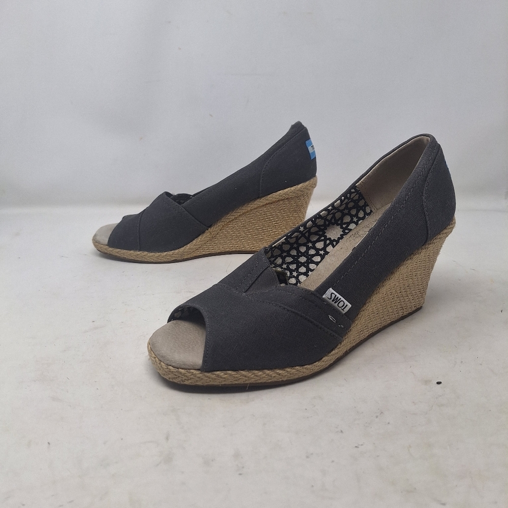 Toms Calypso Grey Canvas Peep Toe Espadrille Wedge Heel Sandals Beachy Size 10 W